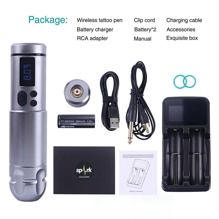 2 rafhlöður Spark Tattoo Machine Wireless Professional Tattoo Supply